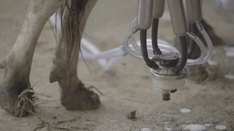 Close-up of Mechanical Milking Machine on Dairy Cow, Organic Farm, Paraty Stock Footage 320632245