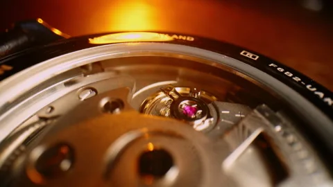 Close-up of a mechanical watch movement showing the balance wheel and ruby jewel Stock Footage 326089225