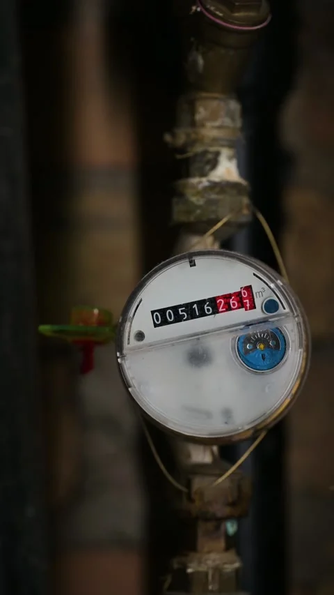 Close-up of a mechanical water meter on a blurred pipe background Stock Footage 328533534