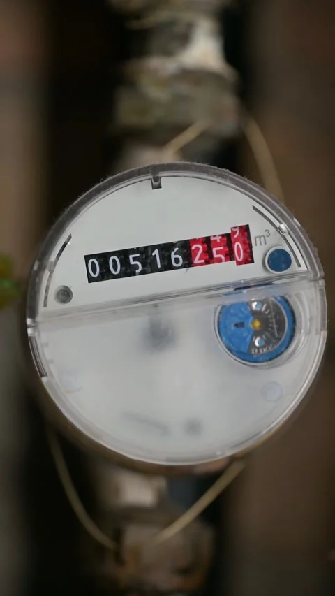 Close-up of a mechanical water meter on a blurred pipe background Stock Footage 328533547