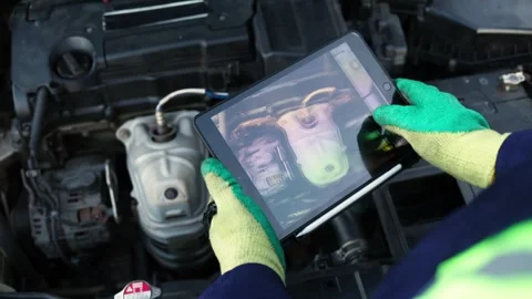 Close-up of mechanic's smart tablet displaying engine data in workshop Stock Footage 346641478