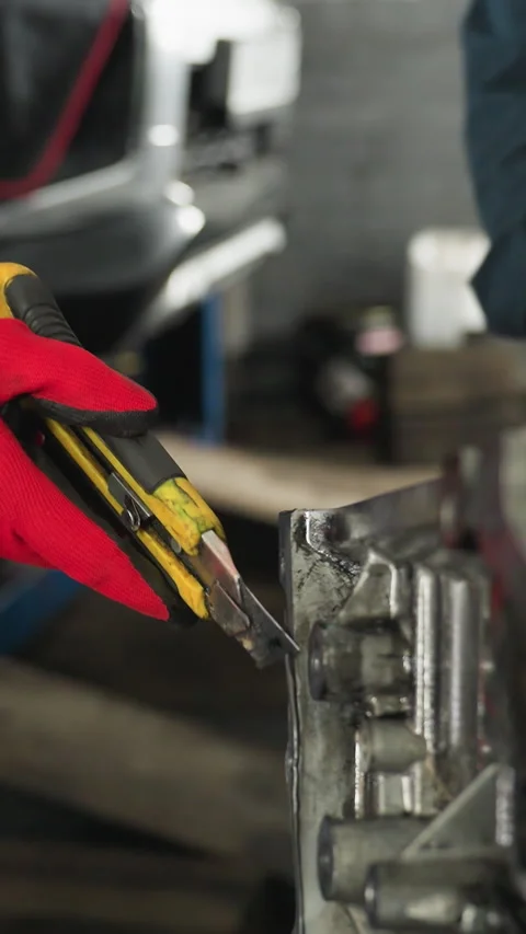 Close-Up of Mechanics Using Scrapper and Tightening Bolt on Engine in Workshop 스톡 동영상 318265778