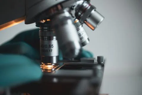 Close-up of medical research with microscope Stock Photos