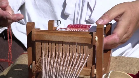 Close Up Medieval Hand Loom Weaving, Stitching, Knitting Stock Footage 79774801