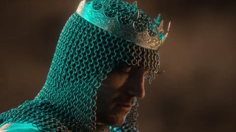Close-Up of Medieval King in Chainmail Armor Wearing Crown Looking down Stock Footage 345520362