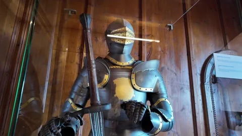 Close-up of a Medieval knight's decorated armor with a great two-handed sword - Stock Footage 314107339