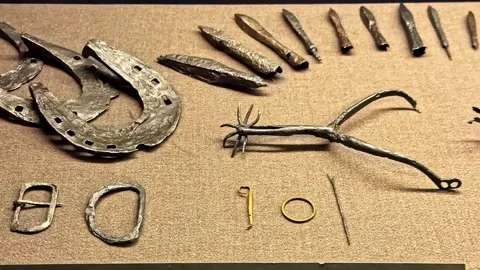 Close up of medieval metal objects on display, Wawel Royal Castle Museum Stock Footage 328988814