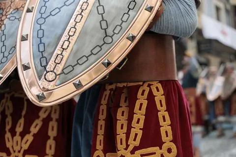 Close Up of Medieval Shield and Warrior Tunic With Copy Space Stockfoto's