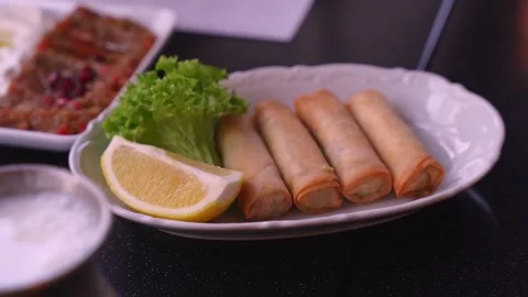 Close Up Mediterranean Appetizers and Fried Spring Rolls Stock Footage 336327735