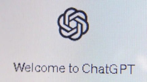 Close up medium screen view Open AI logo and ChatGPT welcome Stock Footage 243288515