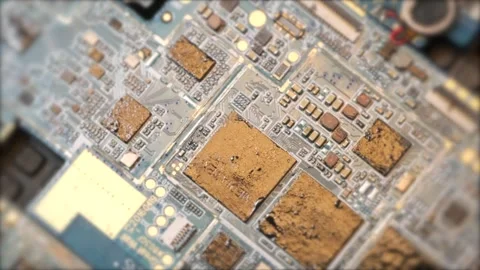 Close up melted circuit and microchip macro tracking shot blurred background Stock Footage 270455677