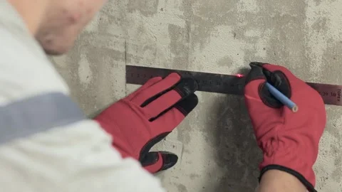 Close-up of men's hands with a ruler make marks and measurements Stock Footage 147538676
