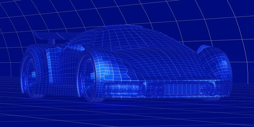 Close up Mesh View of a Supercar in a Virtual Environment - 3d illustration Stock Illustration