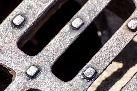 Close up of Metal grille of sewer, Pattern of square grate, Manhole drain cover Stock Photos