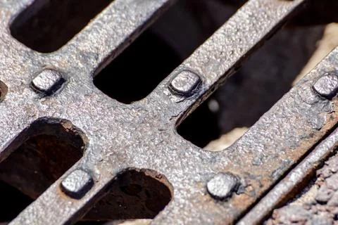 Close up of Metal grille of sewer, Pattern of square grate, Manhole drain cover Stock Photos