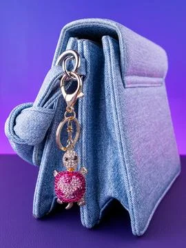 A close-up of a metal keychain in the shape of a turtle decorated with pink r Stock Photos