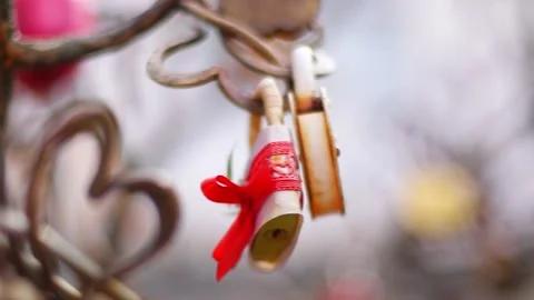Close-up of metal locks with names of bride and groom. Wedding tradition. Media. Stock-Footage 143266143