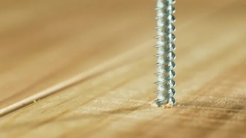Close-up metal self tapping screw driving into wooden board. Macro view hardware Stock Footage 313880457