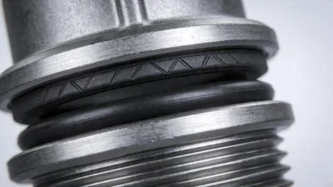 Close-up of metal threaded pipe connector with rubber sealing ring. Detail of pl Stock Photos