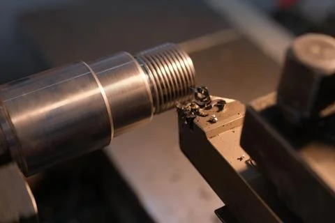 Close-up of Metal Threading Operation on a Lathe Machine Stock Photos