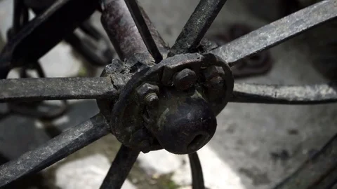 Close up - metal wheels of old non functioning agricultural machinery. 動画素材 75980996