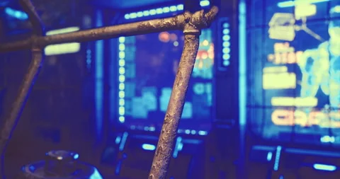 Close up of metallic framework with neon light backdrop in a futuristic setting Stock Footage 321330512