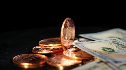 Close-up of metallic shiny bitcoin cryptocurrency coins. Stockbeeldmateriaal 264119223