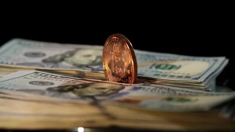 Close-up of metallic shiny bitcoin cryptocurrency coins. Stock Footage 264120016