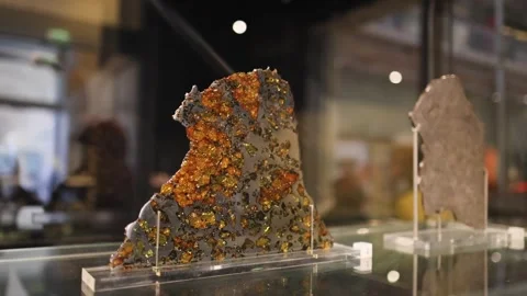 Close up of meteorite section with orange crystals in museum exhibit. Stock-Footage 332636982