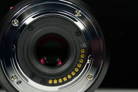 Close-up of Micro Four Thirds M43 lens mount for macro photography on black 库存照片