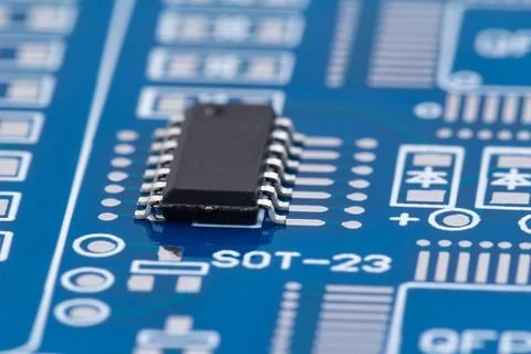 Close-up of a microchip on a blue circuit board Stock Photos
