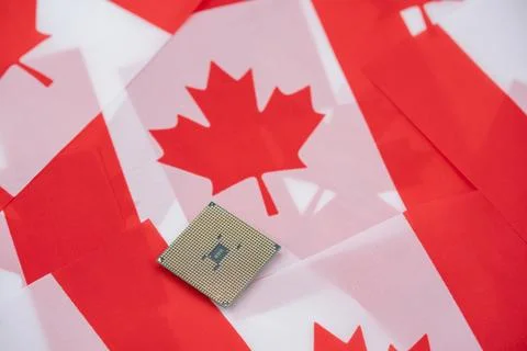 Close up of microchip on Canadian flag background Foto stock