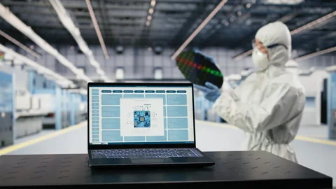 Close up of microchip designing application on laptop used by engineer Stock Footage 333391708