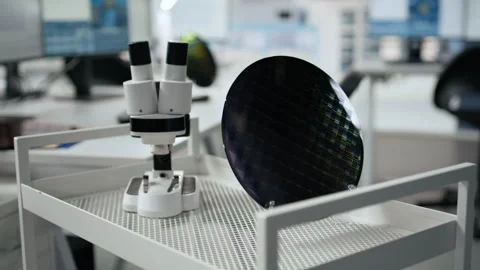 Close up of microchip factory research office equipment and silicon wafer Stock Footage 335880877