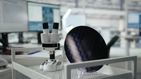 Close up of microchip factory research office equipment and silicon wafer Stock Footage 335882846