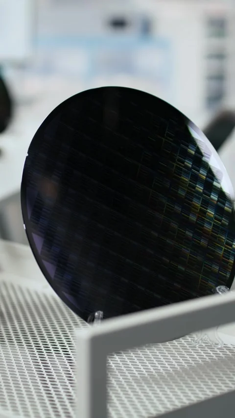 Close up of microchip factory research office equipment and silicon wafer Stock Footage 335883405