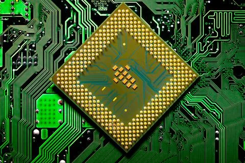 Close up of microchips and pins on Main CPU PC processor circuit board.. Foto stock