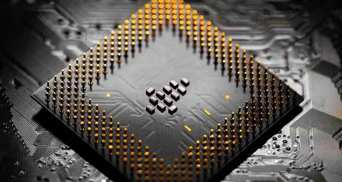 Close up of microchips and pins on Main CPU PC processor circuit board.. 스톡 사진