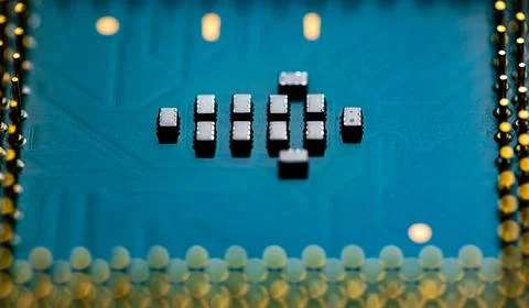 Close up of microchips and pins on Main CPU PC processor circuit board. 스톡 사진