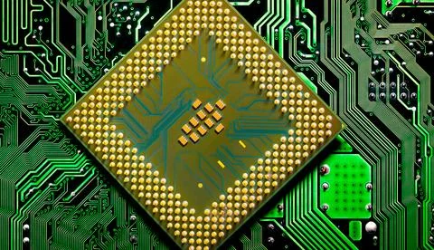 Close up of microchips and pins on Main CPU PC processor circuit Stock Photos