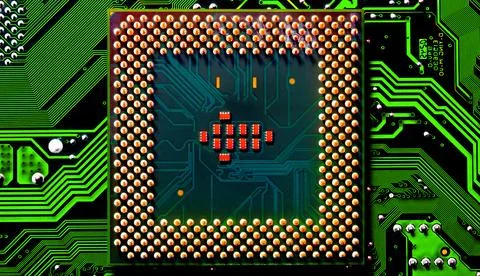 Close up of microchips and pins on Main CPU PC processor circuit Stockfoto's