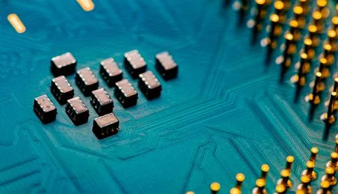 Close up of microchips and pins on Main CPU PC processor circuit Foto stock