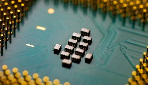 Close up of microchips and pins on Main CPU PC processor circuit 스톡 사진