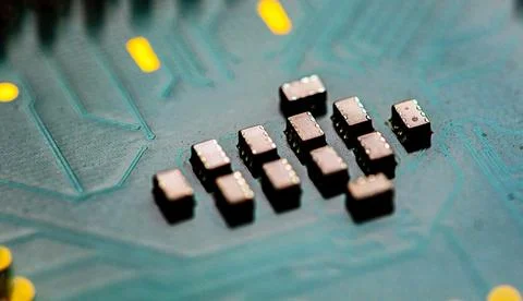 Close up of microchips and pins on Main CPU PC processor circuit Foto stock