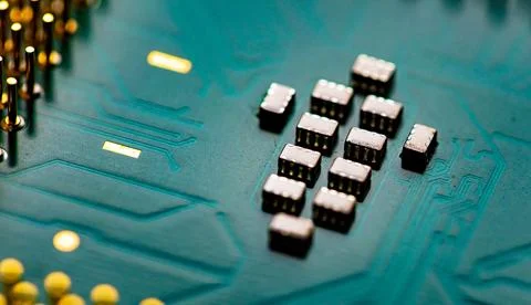 Close up of microchips and pins on Main CPU PC processor circuit Foto stock