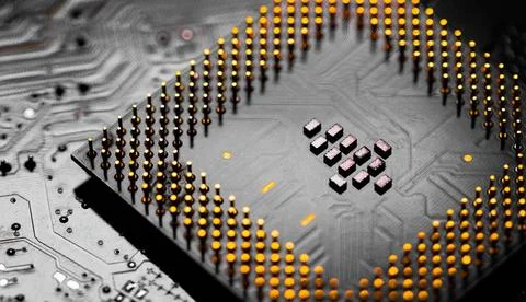 Close up of microchips and pins on Main CPU PC processor circuit Macro Clo... 写真素材