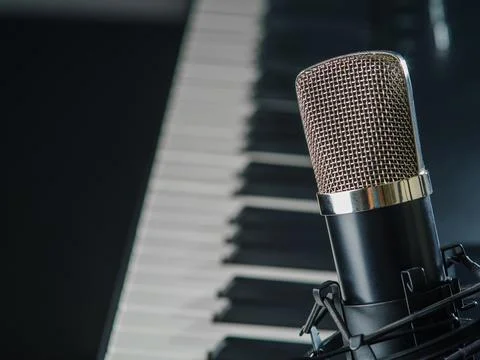 Close-up. Microphone on the background of midi keyboard. Recording studio, ra Stock Photos