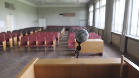 Close-Up Of Microphone In An Empty Meeting Room, Conference Hall Stock Footage 244527163