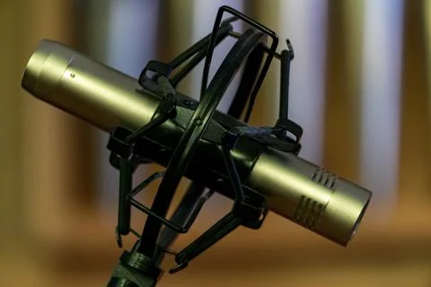 A close-up microphone installed on a special platform. Recording of voice or  Stock Photos
