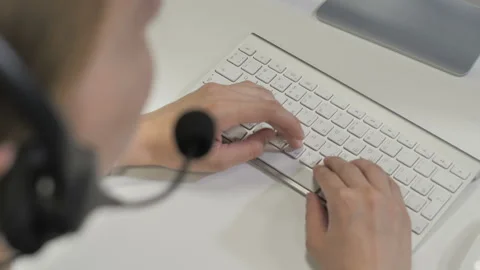 Close-up microphone operator's headset, keyboard Stock Footage 108389611